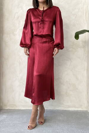 Satin Skirt With Lace - Burgundy - Topshow - Globality Store - Women Clothes Wholesale Turkey