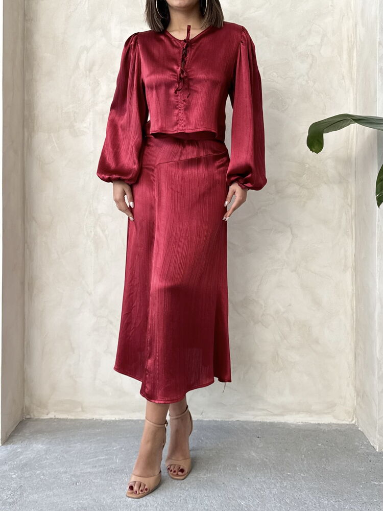 Satin Skirt With Lace - Burgundy
