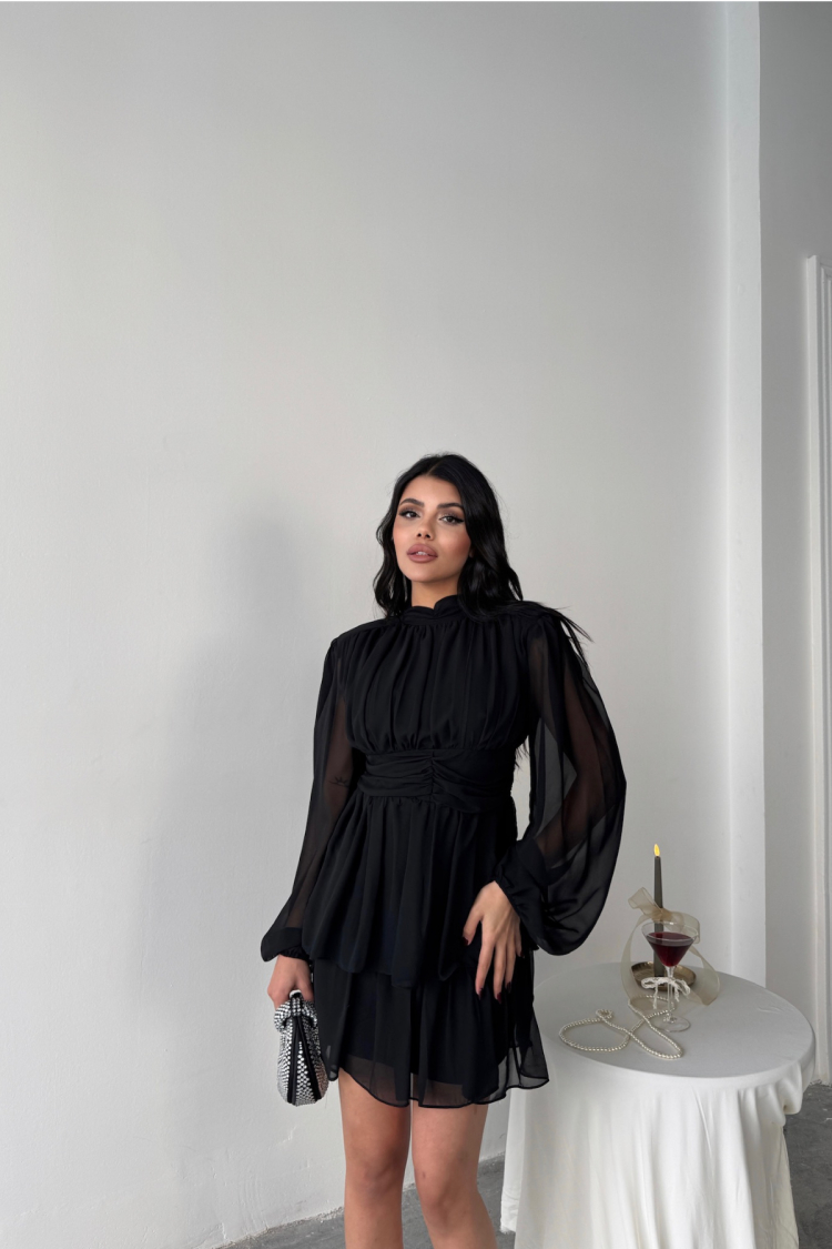 Chiffon Pleated Long Sleeve Dress