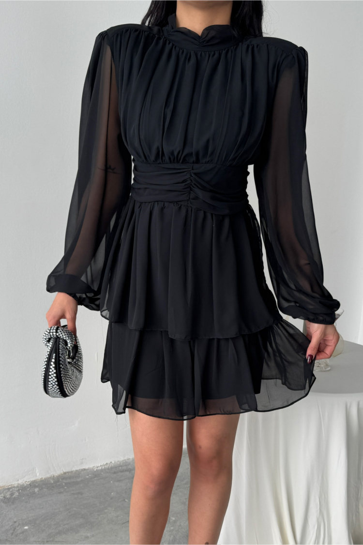 Chiffon Pleated Long Sleeve Dress
