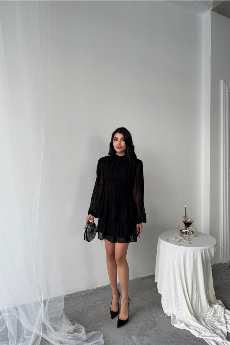 Chiffon Pleated Long Sleeve Dress