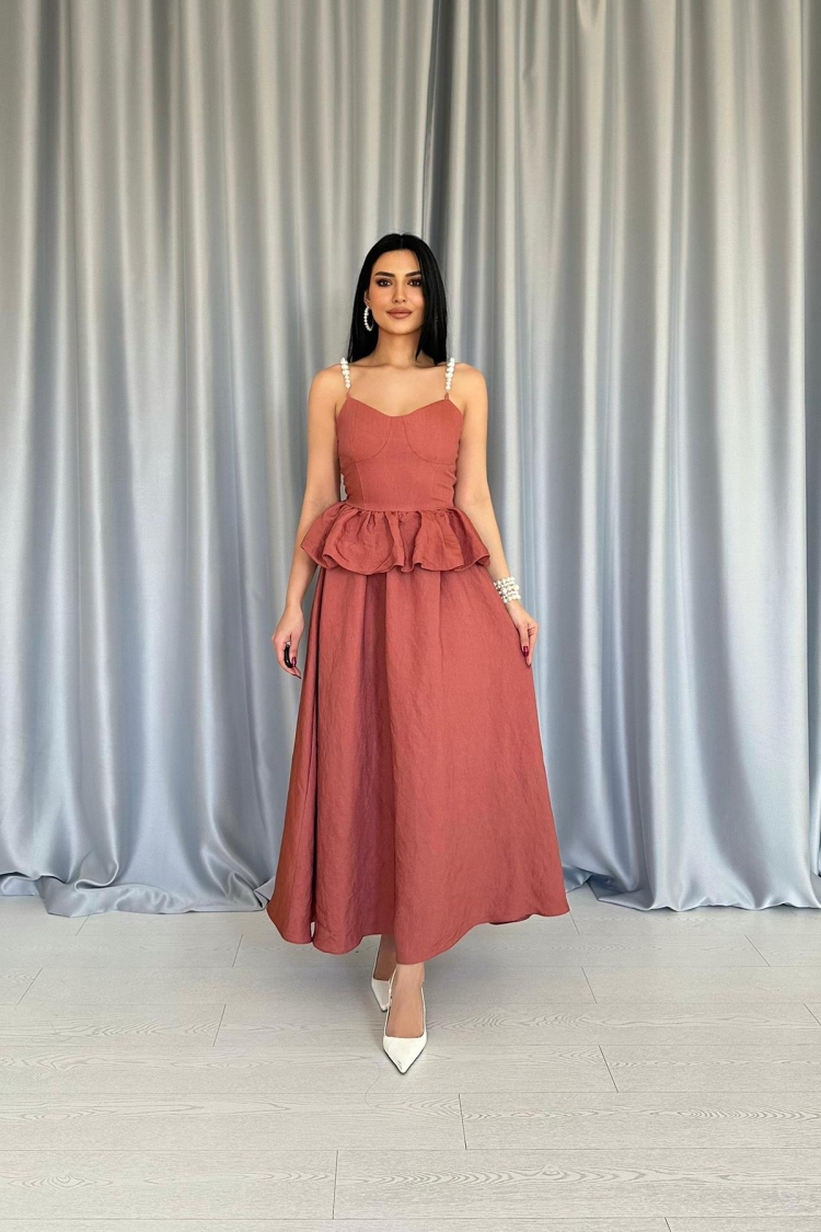 Ruched Waist Pearl Strappy Long Dress - Tile - Elisa - Globality Store - Women Clothes Wholesale Turkey