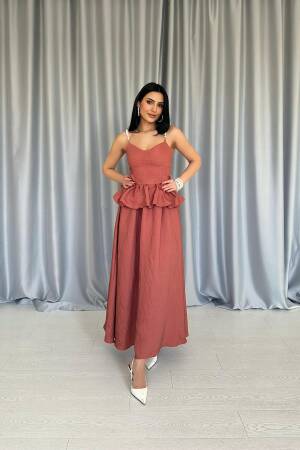 Ruched Waist Pearl Strappy Long Dress - Tile - Elisa - Globality Store - Women Clothes Wholesale Turkey