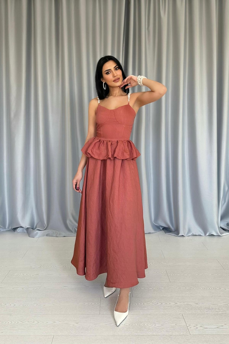 Ruched Waist Pearl Strappy Long Dress - Tile