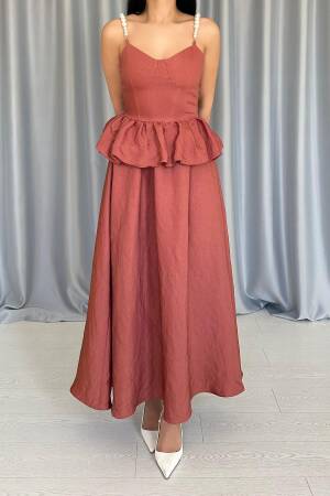 Ruched Waist Pearl Strappy Long Dress - Tile - Elisa - Globality Store - Women Clothes Wholesale Turkey