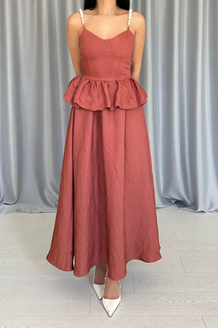 Ruched Waist Pearl Strappy Long Dress - Tile