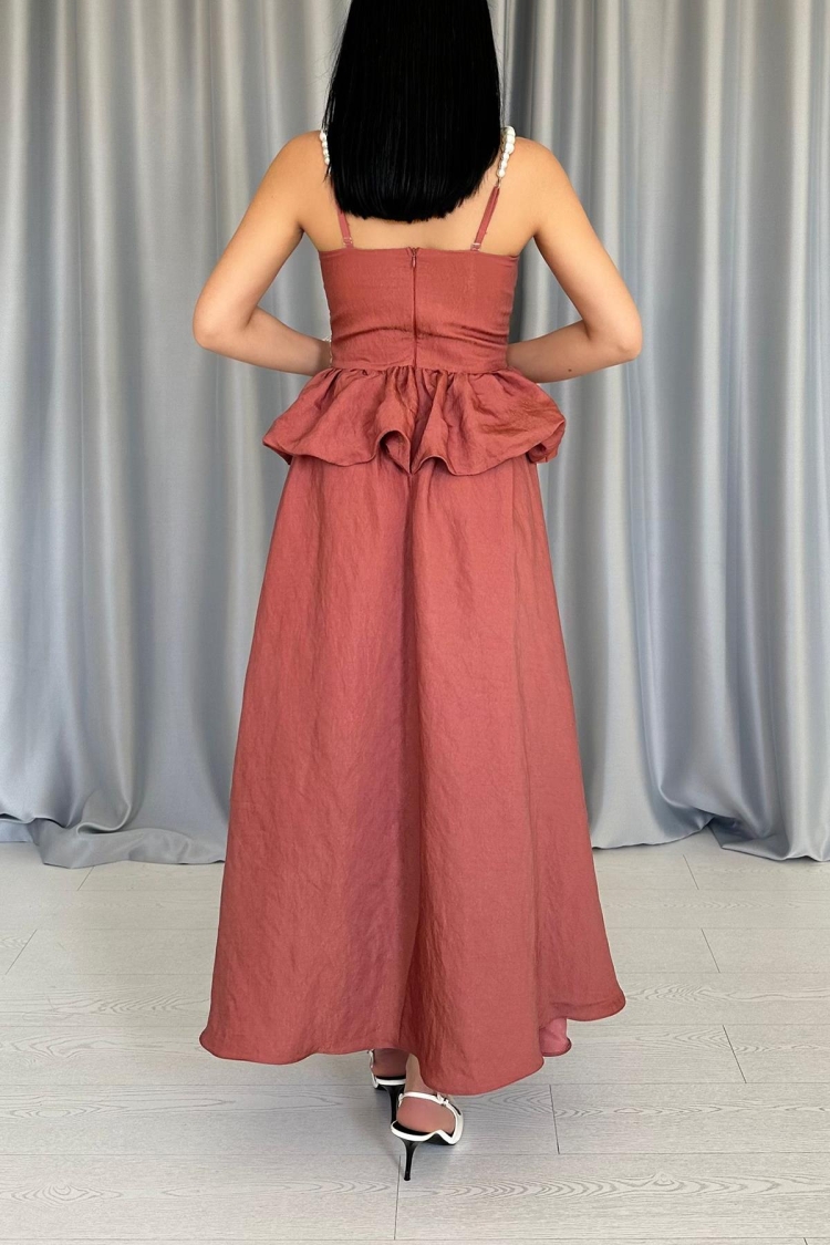 Ruched Waist Pearl Strappy Long Dress - Tile