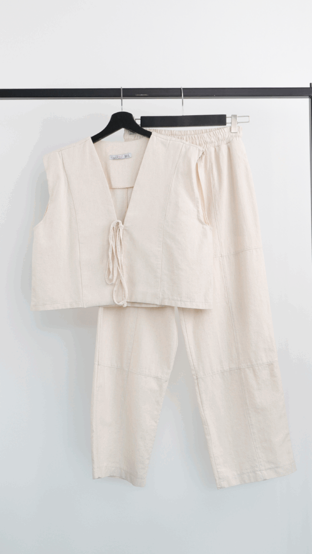 Crop Jacket Linen Suit - Ecru - Cream Rouge - Globality Store - Women Clothes Wholesale Turkey