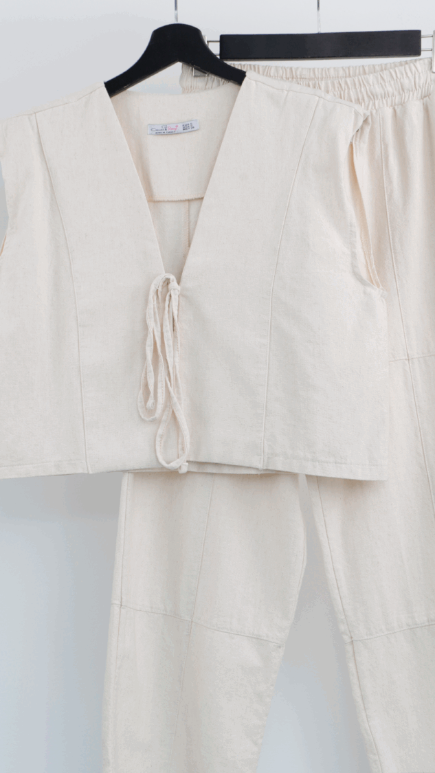 Crop Jacket Linen Suit - Ecru