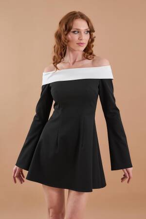 Satin Kayak Collar Detail Mini Dress Black - Juste - Globality Store - Women Clothes Wholesale Turkey