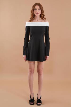 Satin Kayak Collar Detail Mini Dress Black - Juste - Globality Store - Women Clothes Wholesale Turkey