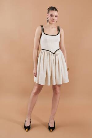 Tweed Strap Detail Mini Dress Beige - Juste - Globality Store - Women Clothes Wholesale Turkey