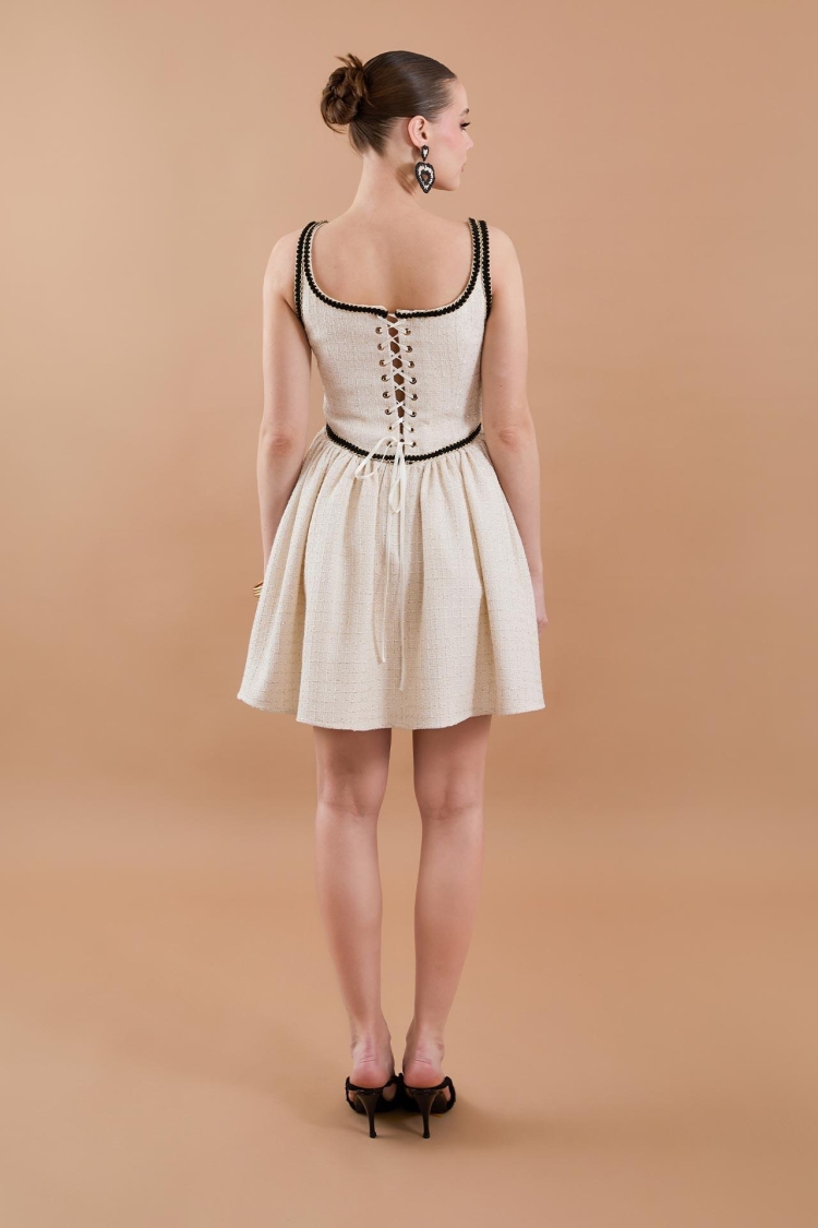 Tweed Strap Detail Mini Dress Beige