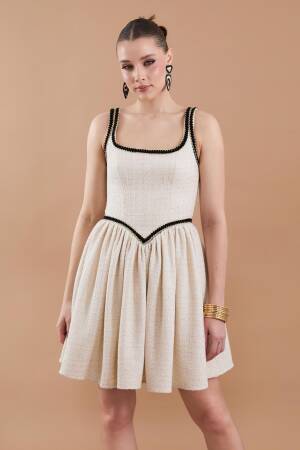 Tweed Strap Detail Mini Dress Beige - Juste - Globality Store - Women Clothes Wholesale Turkey