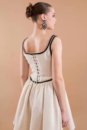 Tweed Strap Detail Mini Dress Beige - Juste - Globality Store - Women Clothes Wholesale Turkey