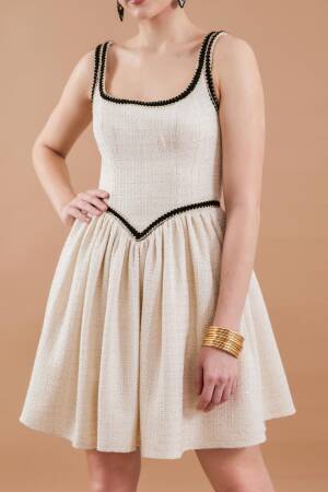 Tweed Strap Detail Mini Dress Beige - Juste - Globality Store - Women Clothes Wholesale Turkey