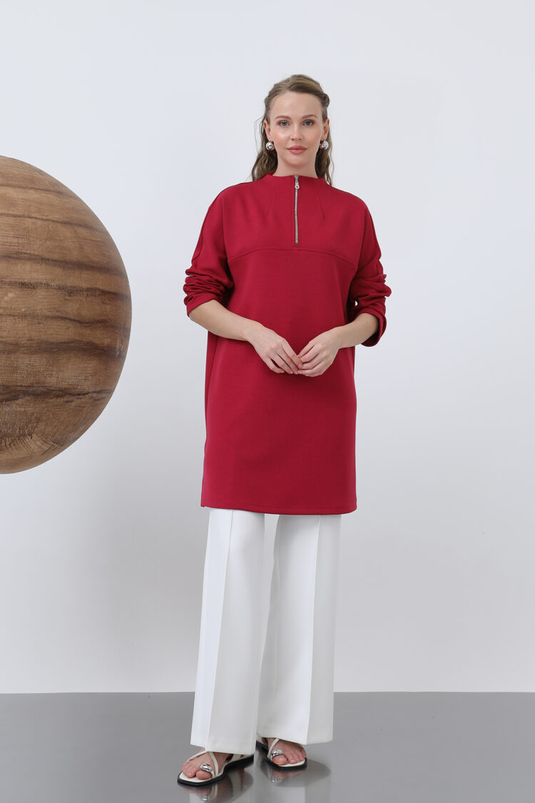 Front Zipper Detailed Tunic - Burgundy - Puane - Globality Store - Women Clothes Wholesale Turkey