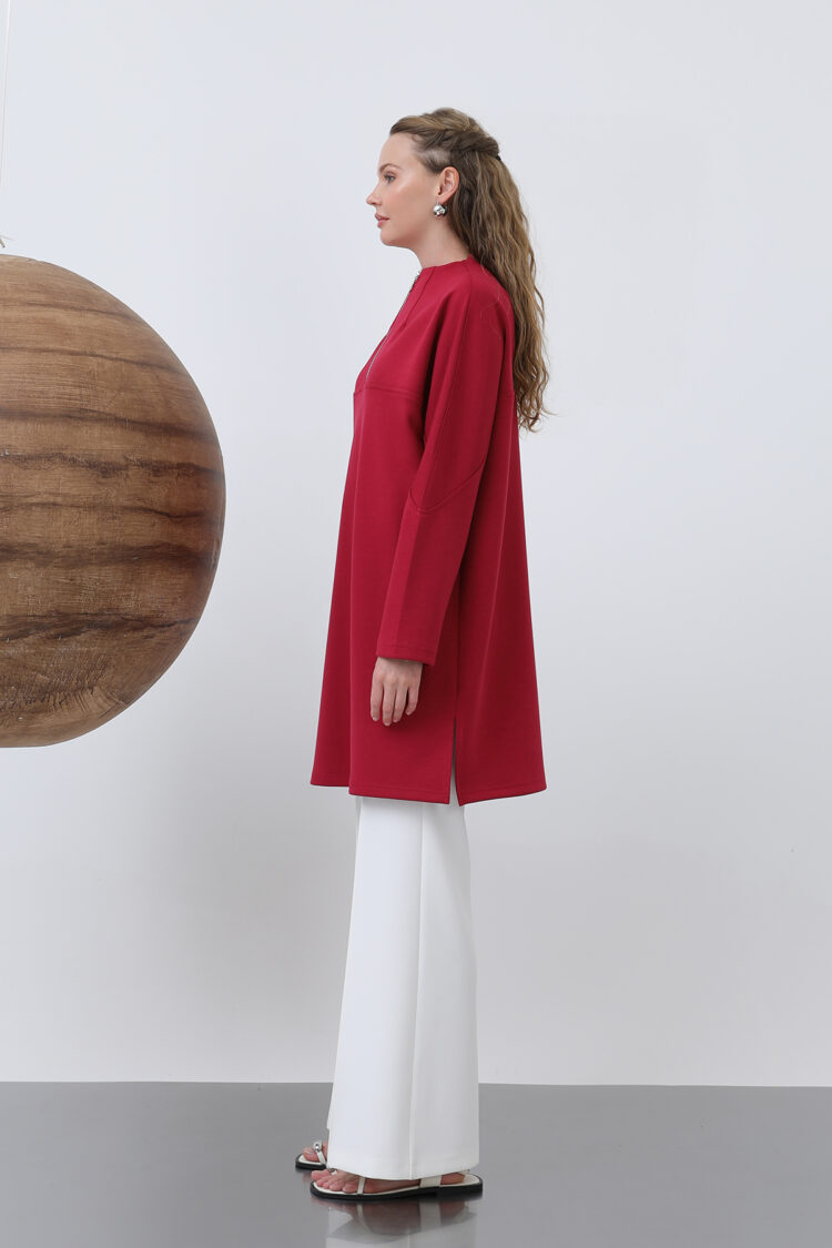 Front Zipper Detailed Tunic - Burgundy
