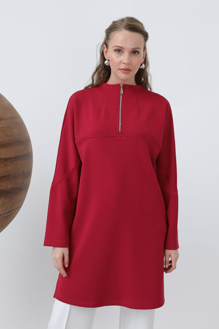 Front Zipper Detailed Tunic - Burgundy