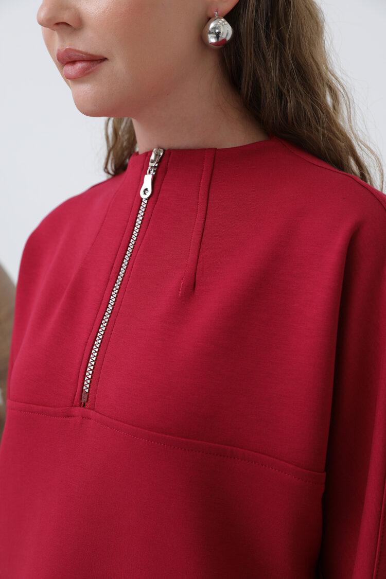 Front Zipper Detailed Tunic - Burgundy