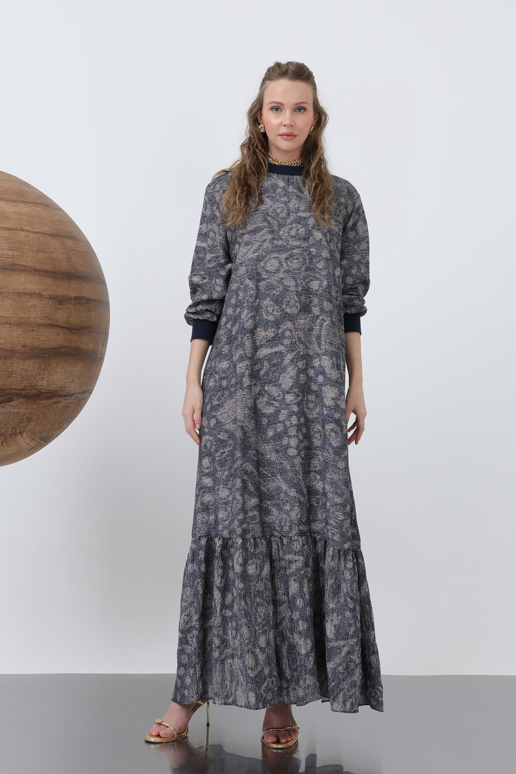 Patterned Dress With Ribbed Collar - Multicolor - Puane - Globality Store - Women Clothes Wholesale Turkey