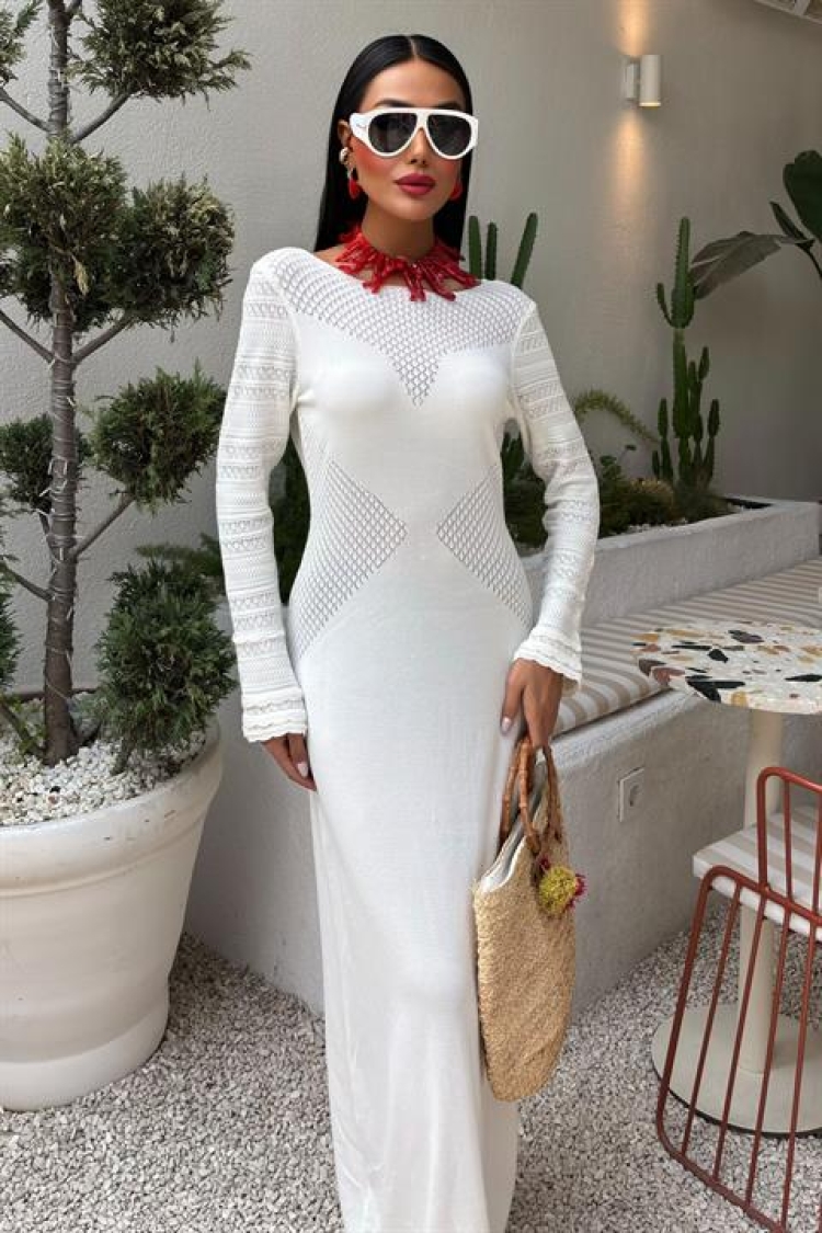 Openwork Detailed Crew Neck Sweater Dress