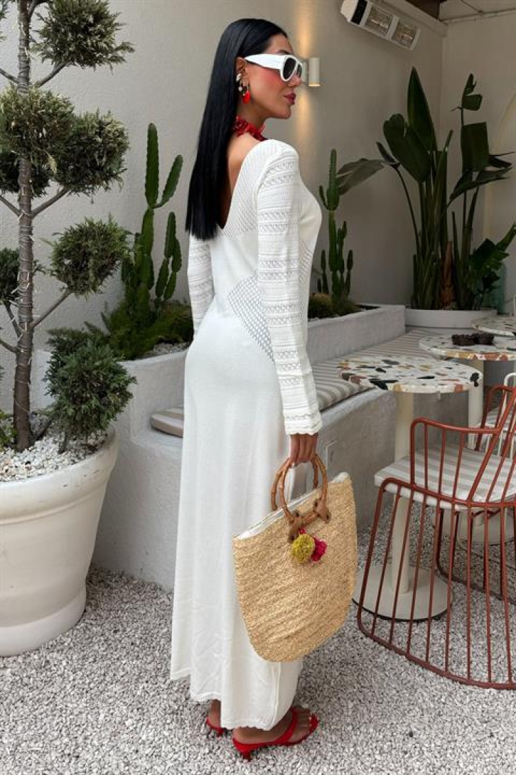 Openwork Detailed Crew Neck Sweater Dress
