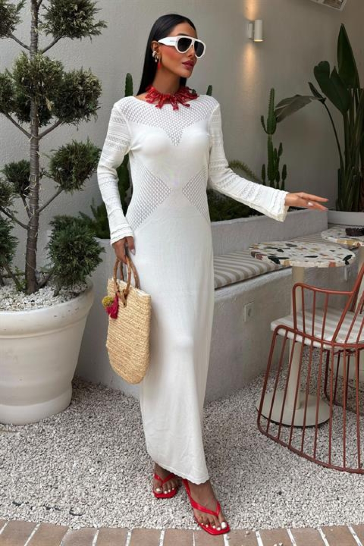Openwork Detailed Crew Neck Sweater Dress