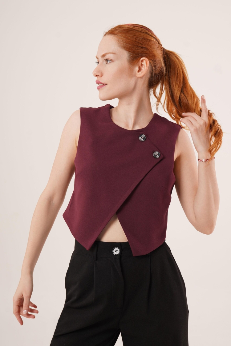 Double Button Cross Pattern Burgundy Wholesale Vest - Lustrin - Globality Store - Women Clothes Wholesale Turkey