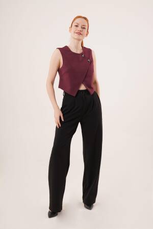 Double Button Cross Pattern Burgundy Wholesale Vest - Lustrin - Globality Store - Women Clothes Wholesale Turkey