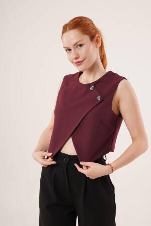 Double Button Cross Pattern Burgundy Wholesale Vest - Lustrin - Globality Store - Women Clothes Wholesale Turkey
