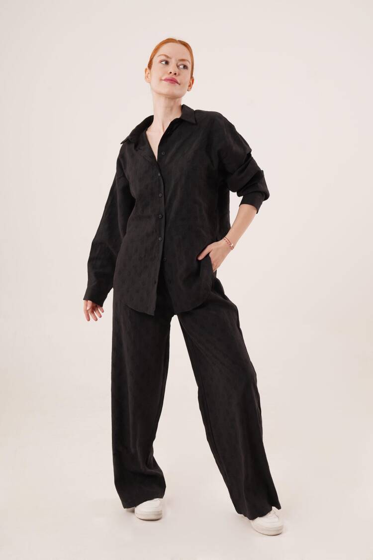 Self Polka Dot Detailed Black Shirt And Pants Double Wholesale Suit