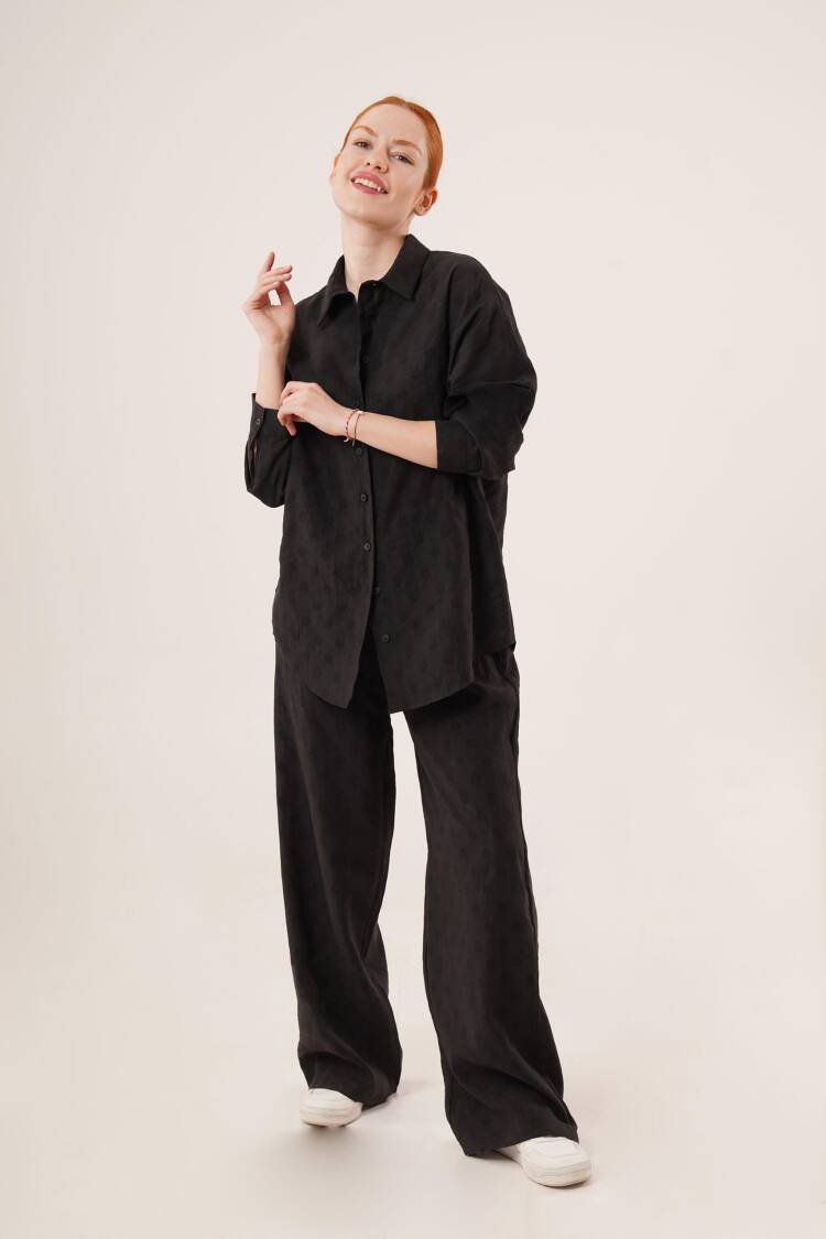 Self Polka Dot Detailed Black Shirt And Pants Double Wholesale Suit - Lustrin - Globality Store - Women Clothes Wholesale Turkey