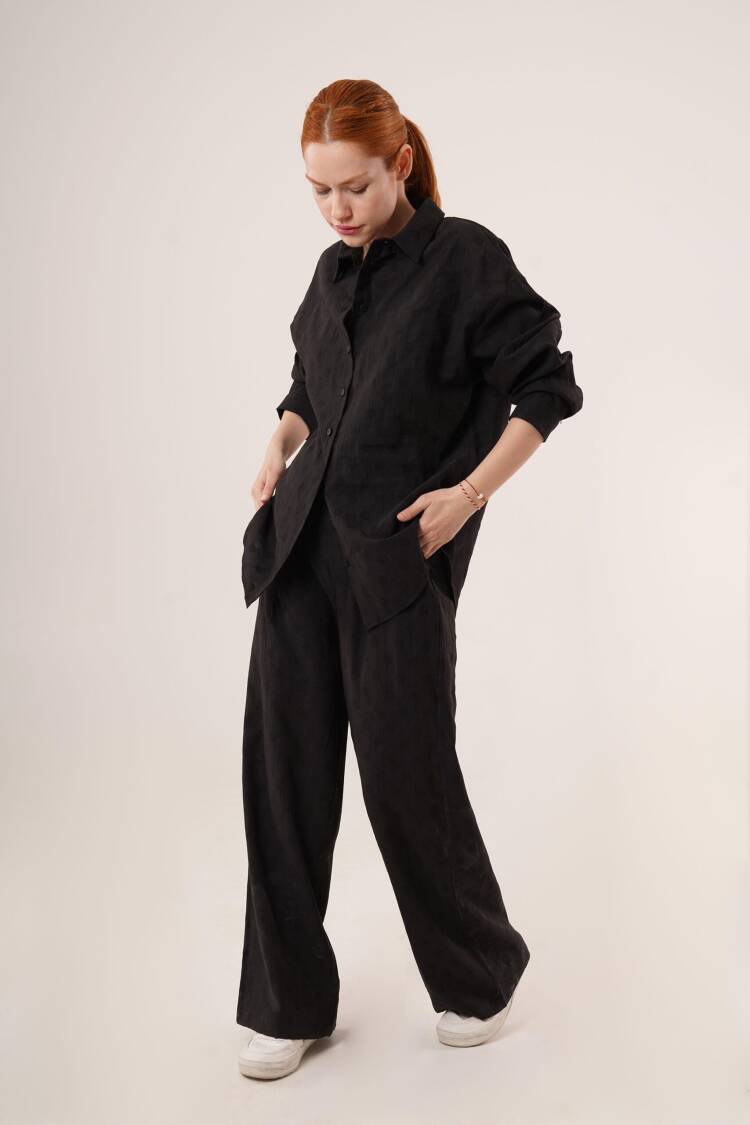Self Polka Dot Detailed Black Shirt And Pants Double Wholesale Suit