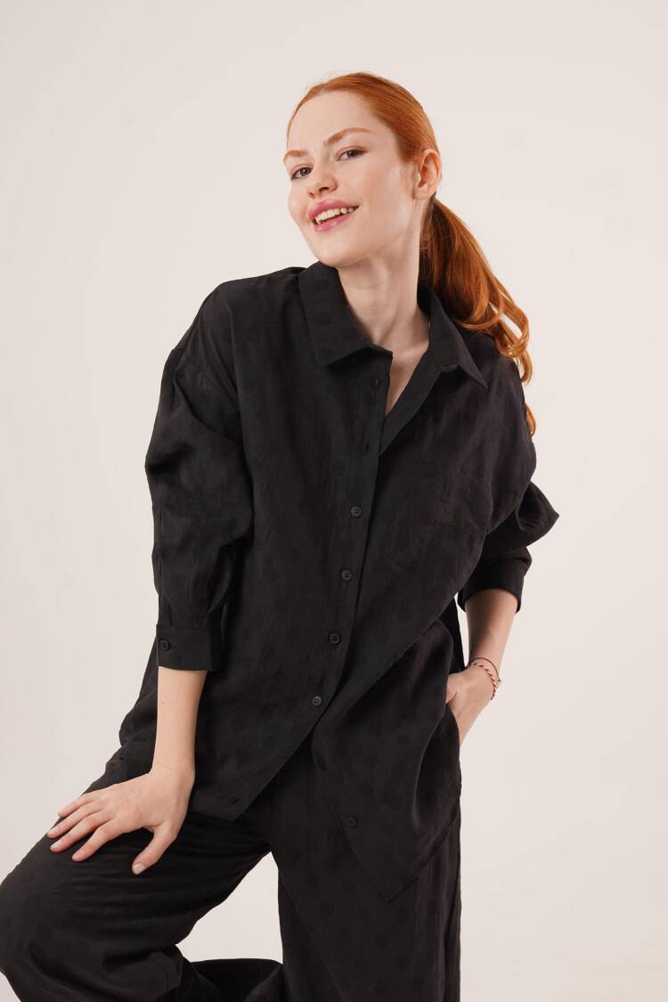 Self Polka Dot Detailed Black Shirt And Pants Double Wholesale Suit