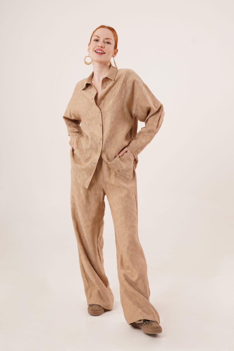 Patterned Shirt And Pants Double Set - Taba - Lustrin - Globality Store - Women Clothes Wholesale Turkey