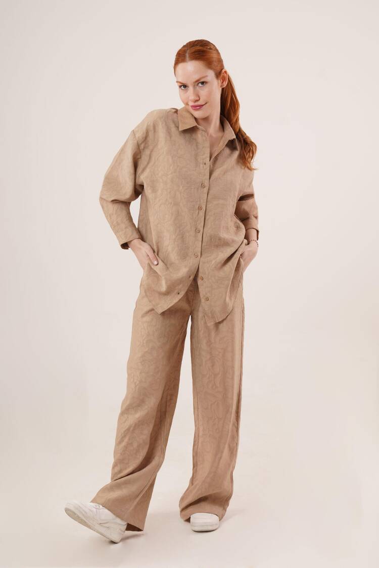 Self Patterned Shirt And Pants Double Set - Taba - Lustrin - Globality Store - Women Clothes Wholesale Turkey