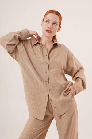 Self Patterned Shirt And Pants Double Set - Taba - Lustrin - Globality Store - Women Clothes Wholesale Turkey