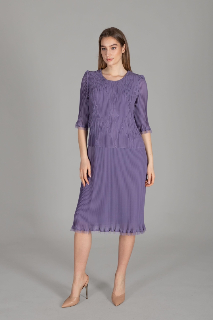 Round Neck Pleated Chiffon Dress - GUMANIZE - Globality Store - Women Clothes Wholesale Turkey