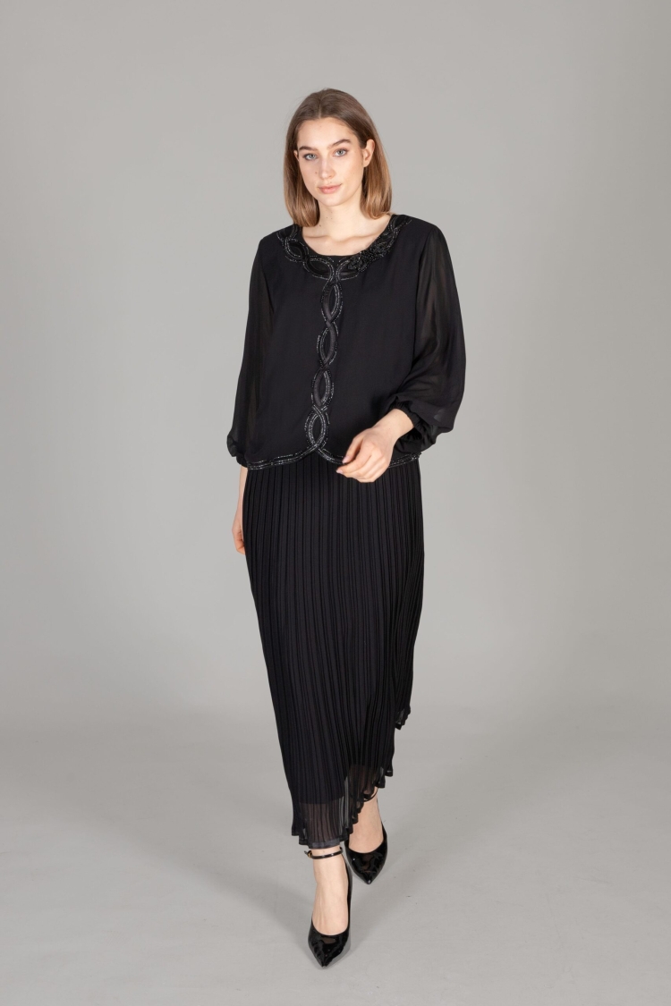 Round Neck Embroidered Chiffon Dress - GUMANIZE - Globality Store - Women Clothes Wholesale Turkey