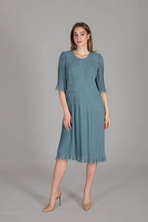 Round Neck Pleated Chiffon Dress - GUMANIZE - Globality Store - Women Clothes Wholesale Turkey