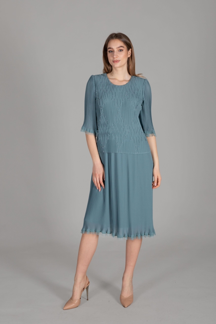 Round Neck Pleated Chiffon Dress - GUMANIZE - Globality Store - Women Clothes Wholesale Turkey