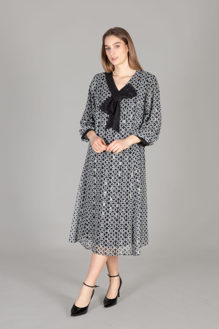 V Neck Bow Foil Dress - GUMANIZE - Globality Store - Women Clothes Wholesale Turkey