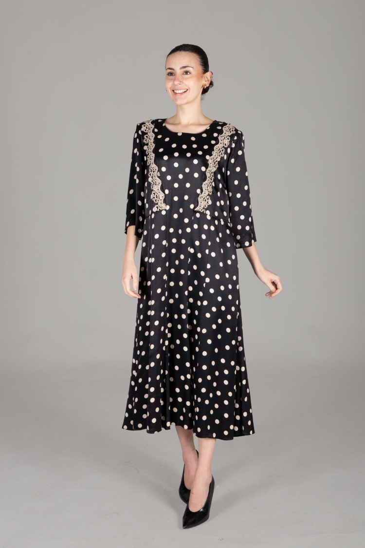 Round Neck Polka Dot Satin Dress - GUMANIZE - Globality Store - Women Clothes Wholesale Turkey