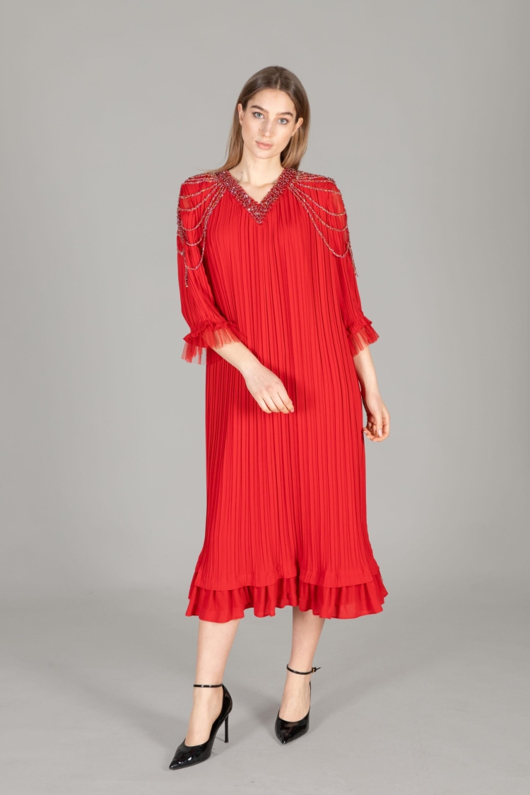 V Neck Venus Pleated Dress - GUMANIZE - Globality Store - Women Clothes Wholesale Turkey