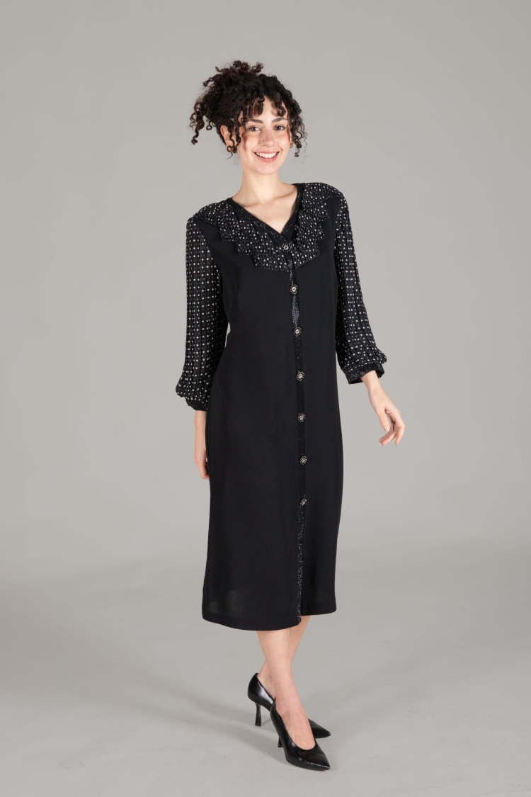 V Neck Polka Dot Chiffon Dress - GUMANIZE - Globality Store - Women Clothes Wholesale Turkey