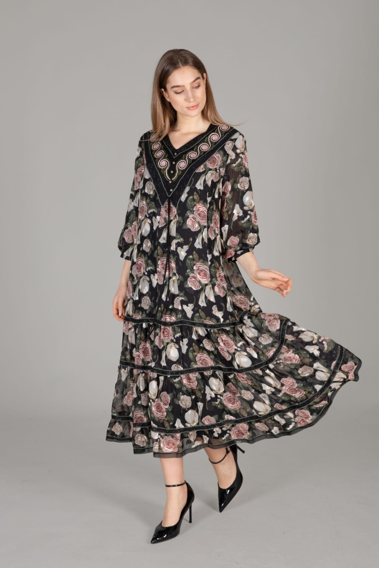 Round Neck Embroidered Chiffon Dress