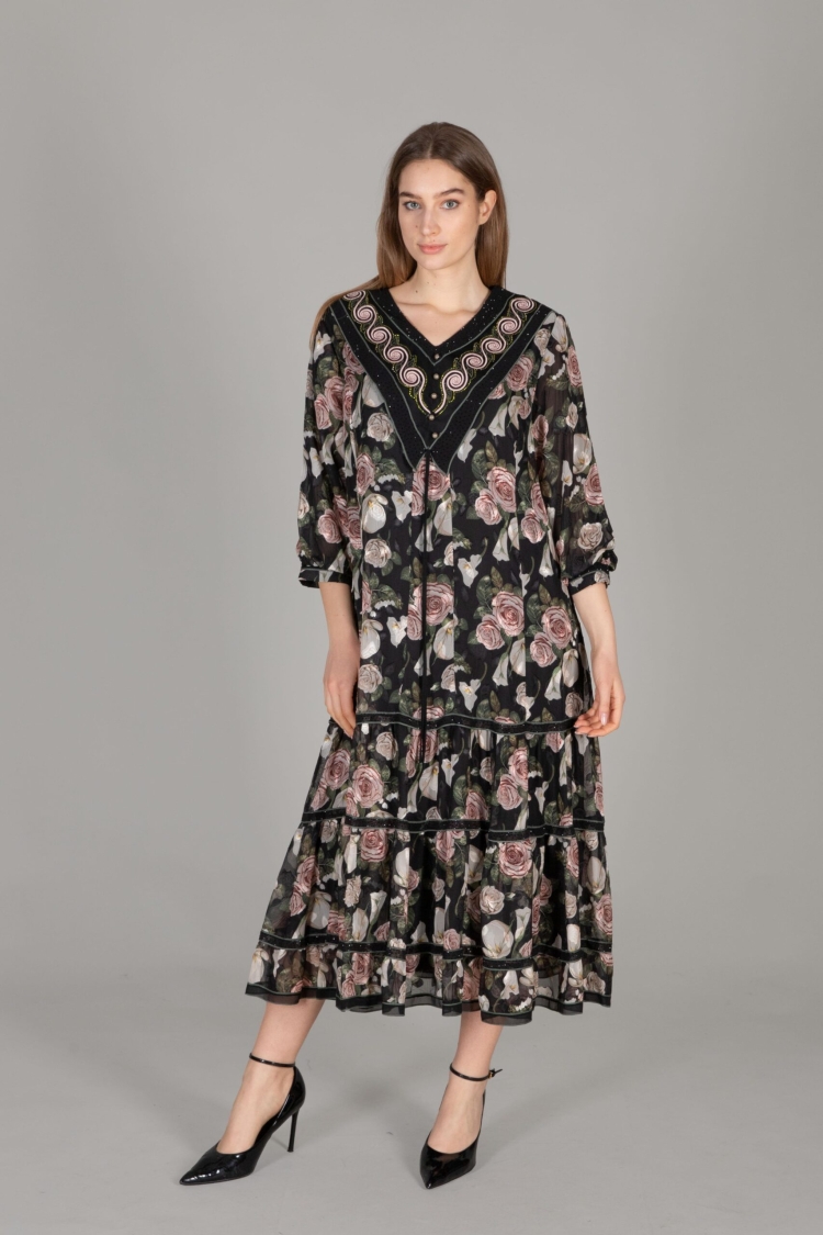 Round Neck Embroidered Chiffon Dress - GUMANIZE - Globality Store - Women Clothes Wholesale Turkey