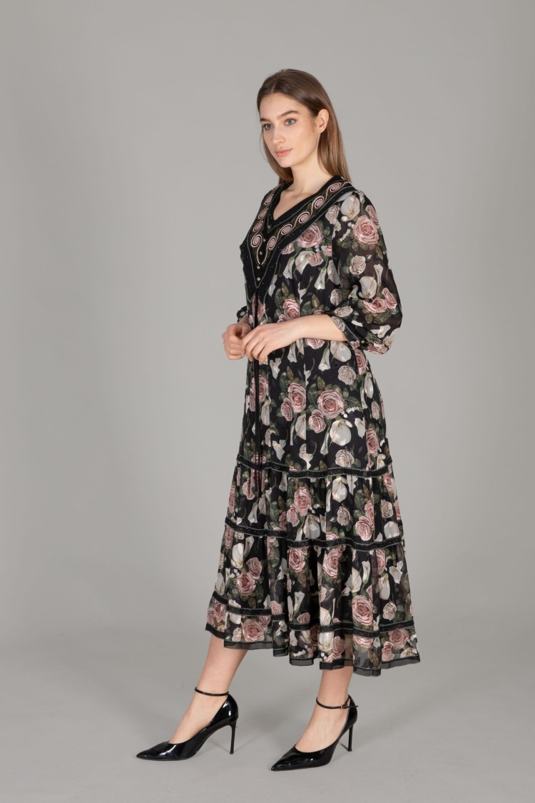 Round Neck Embroidered Chiffon Dress
