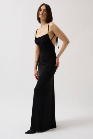 Tie Up Detail Dangle Collar Maxi Dress - Black Fashion - Globality Store - Women Clothes Wholesale Turkey